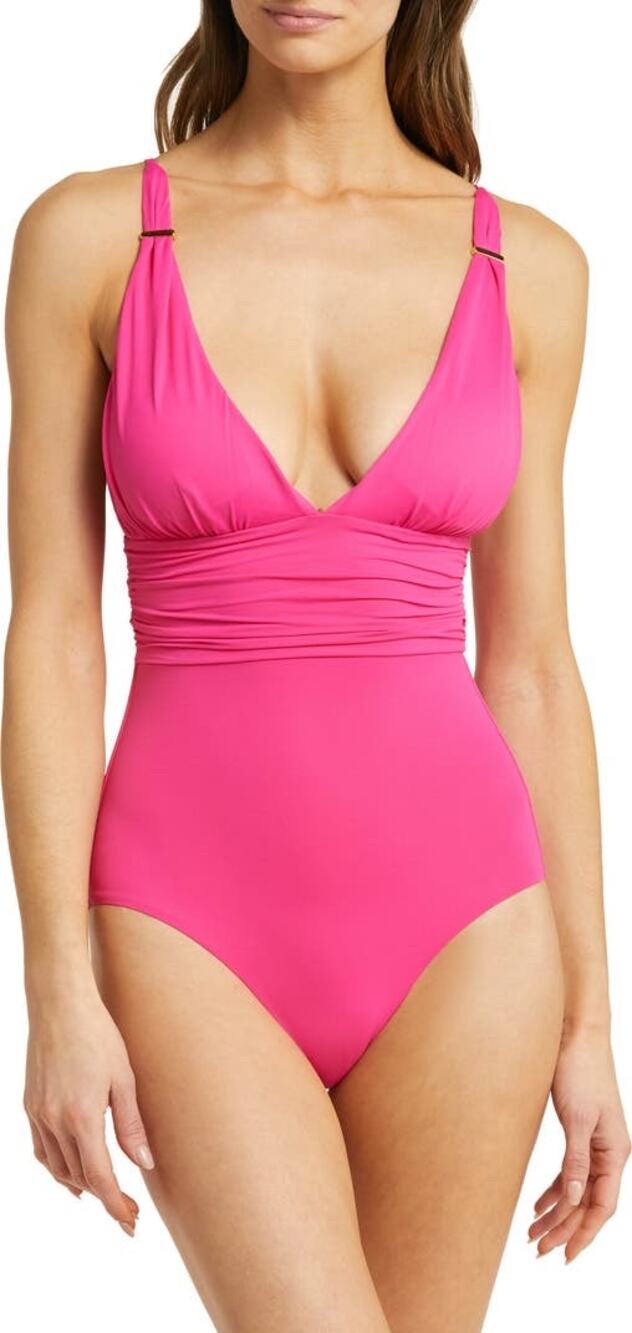 Melissa Odabash Panarea Fuchsia Pink One Piece V-Neck Ruched Swimsuit Size 12